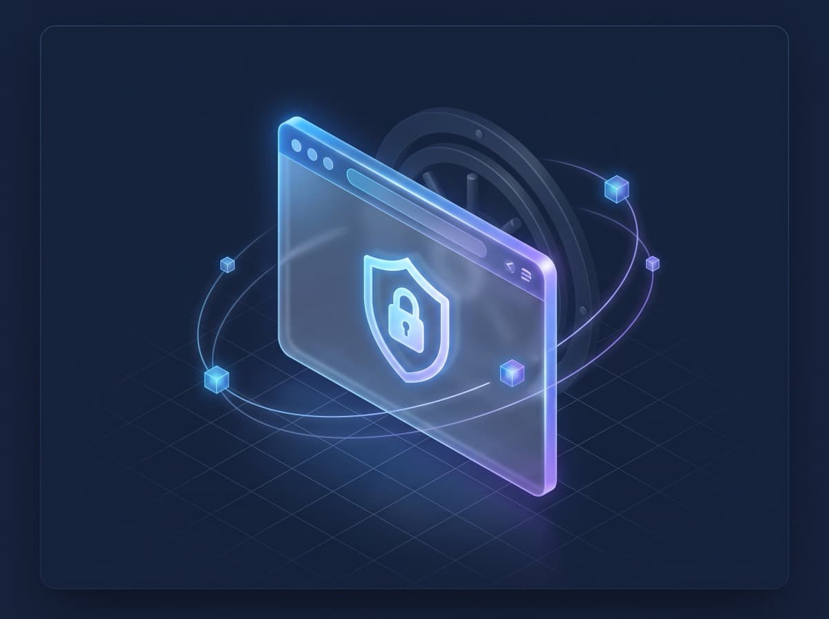 Illustration of a browser window protected by a shield and lock, with encrypted data orbiting around it